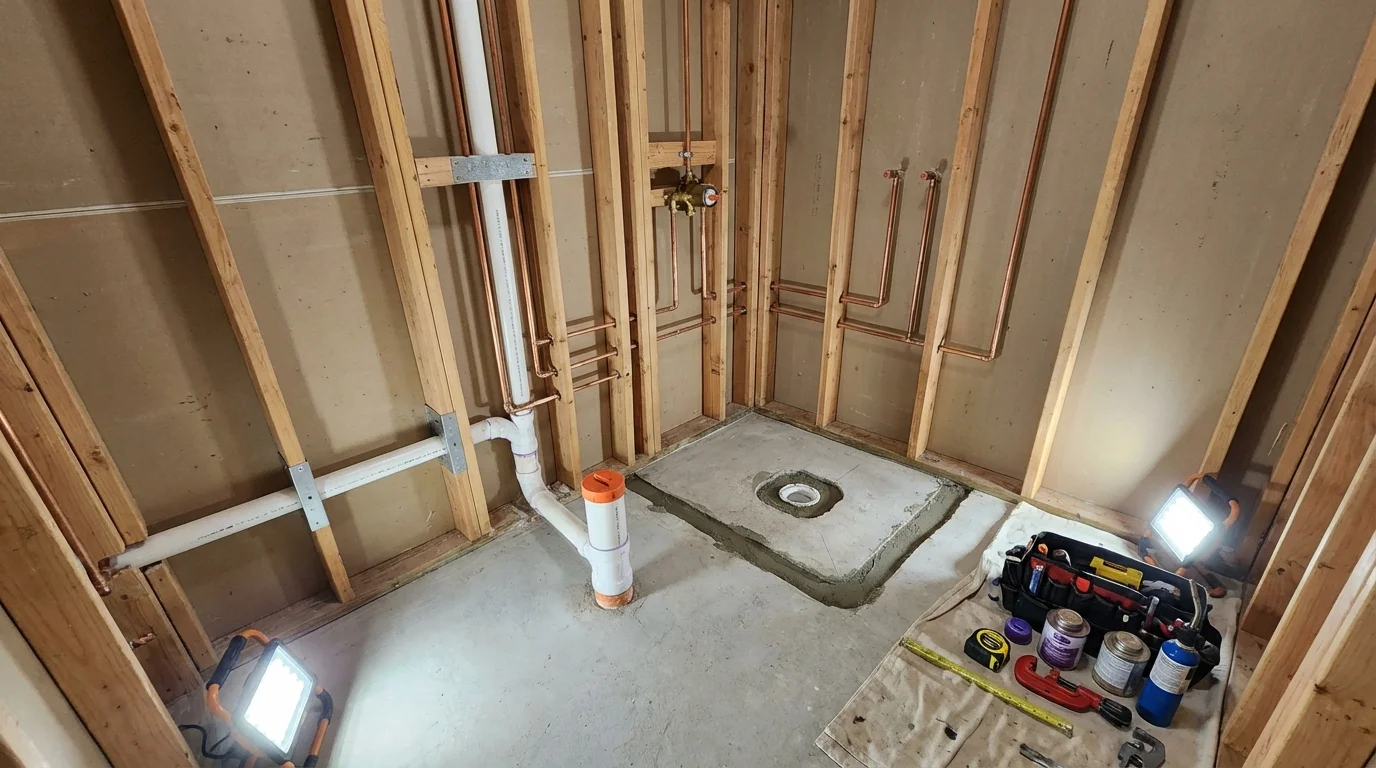 Bathroom rough-in plumbing during remodel by Johns Plumbing LLC in Beebe