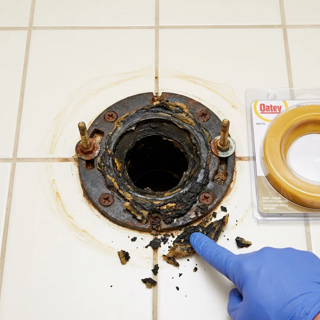 Failed wax ring showing water seepage at the base of a toilet in a Beebe, AR home