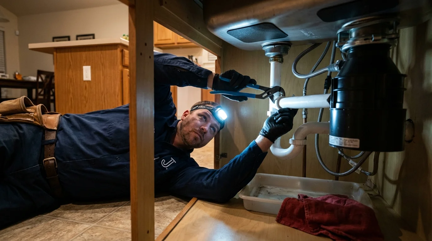 P-trap and supply line connections under a kitchen sink showing a common leak point in Beebe, AR